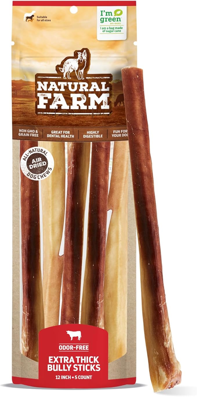 Natural Farm Thick Bully Sticks — 12 Inch, 5 Pack | Odor-Free