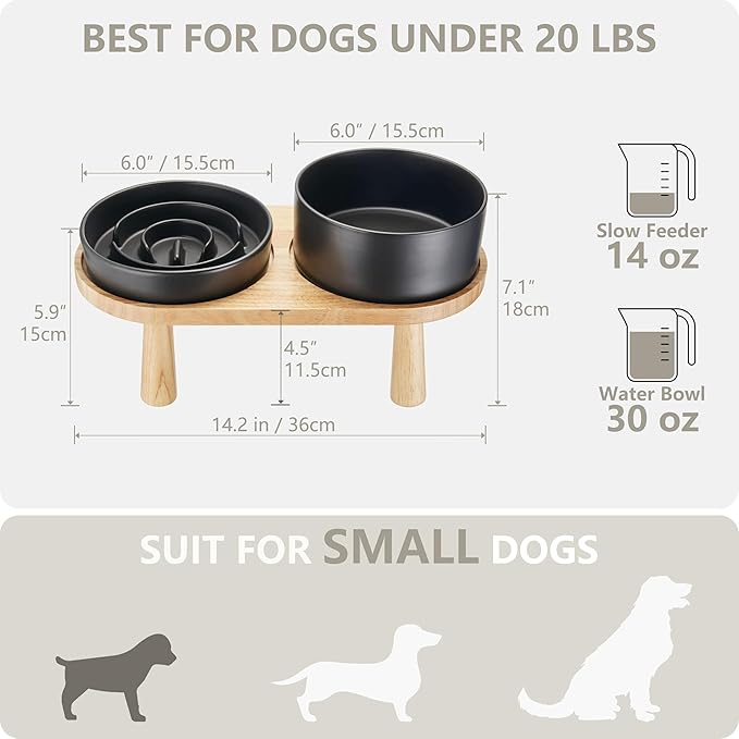 MOPANG Ceramic Elevated Slow Feeder Bowl Set for Small Dogs — Black
