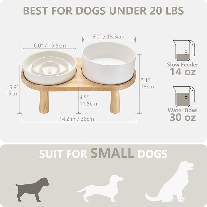 MOPANG Ceramic Elevated Slow Feeder Bowl Set for Small Dogs — White