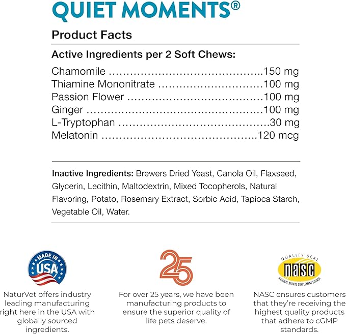 NaturVet Quiet Moments Calming Soft Chews — 65 ct | Melatonin + Chamomile