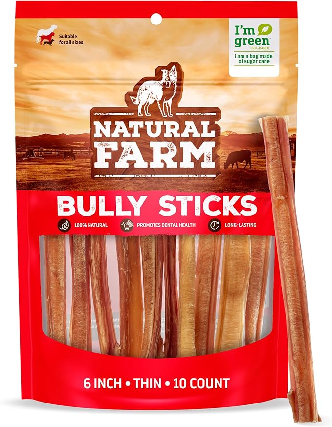 Natural Farm Thin Bully Sticks — 6 Inch, 10 Pack | Odor-Free