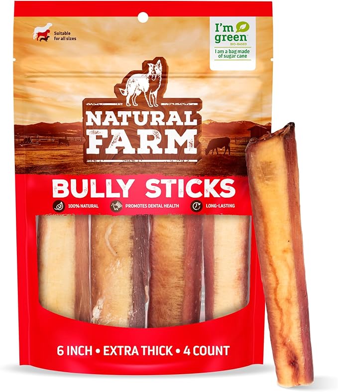 Natural Farm Jumbo Bully Sticks — 6 Inch, 4 Pack | Odor-Free