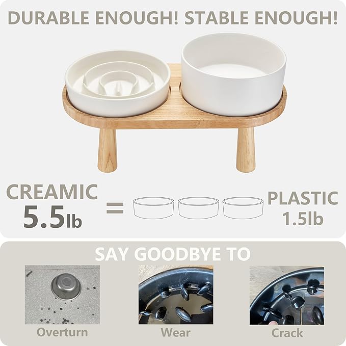 MOPANG Ceramic Elevated Slow Feeder Bowl Set for Small Dogs — White