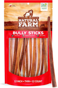 Natural Farm Thin Bully Sticks — 12 Inch, 12 Pack | Odor-Free