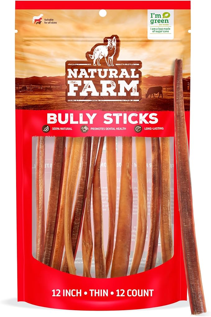 Natural Farm Thin Bully Sticks — 12 Inch, 12 Pack | Odor-Free