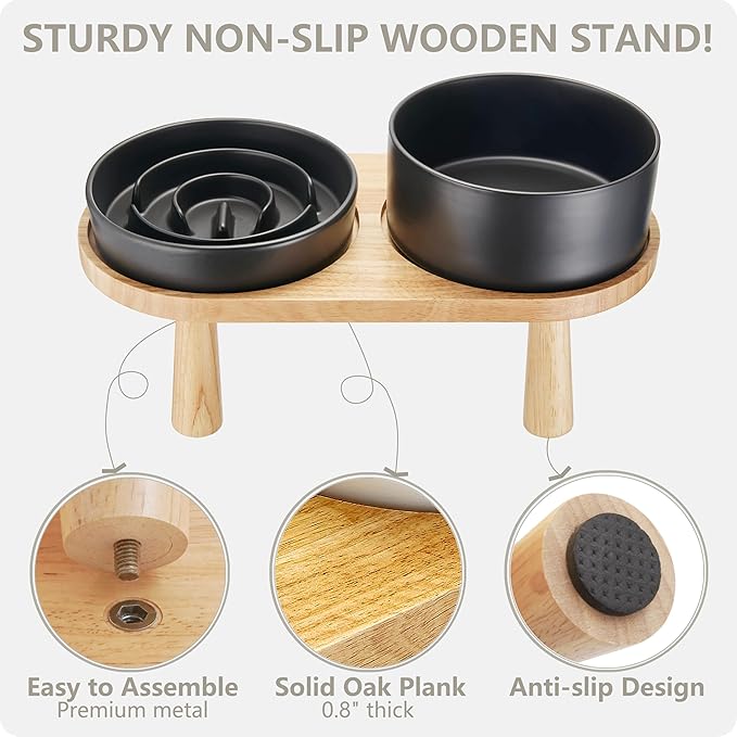 MOPANG Ceramic Elevated Slow Feeder Bowl Set for Small Dogs — Black