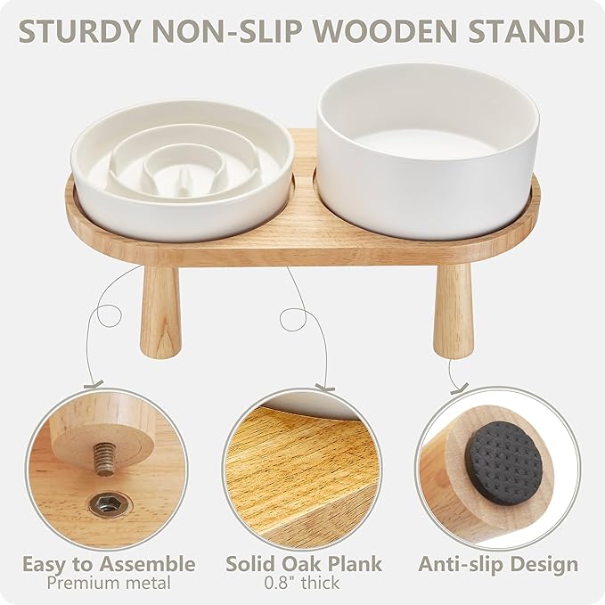 MOPANG Ceramic Elevated Slow Feeder Bowl Set for Small Dogs — White