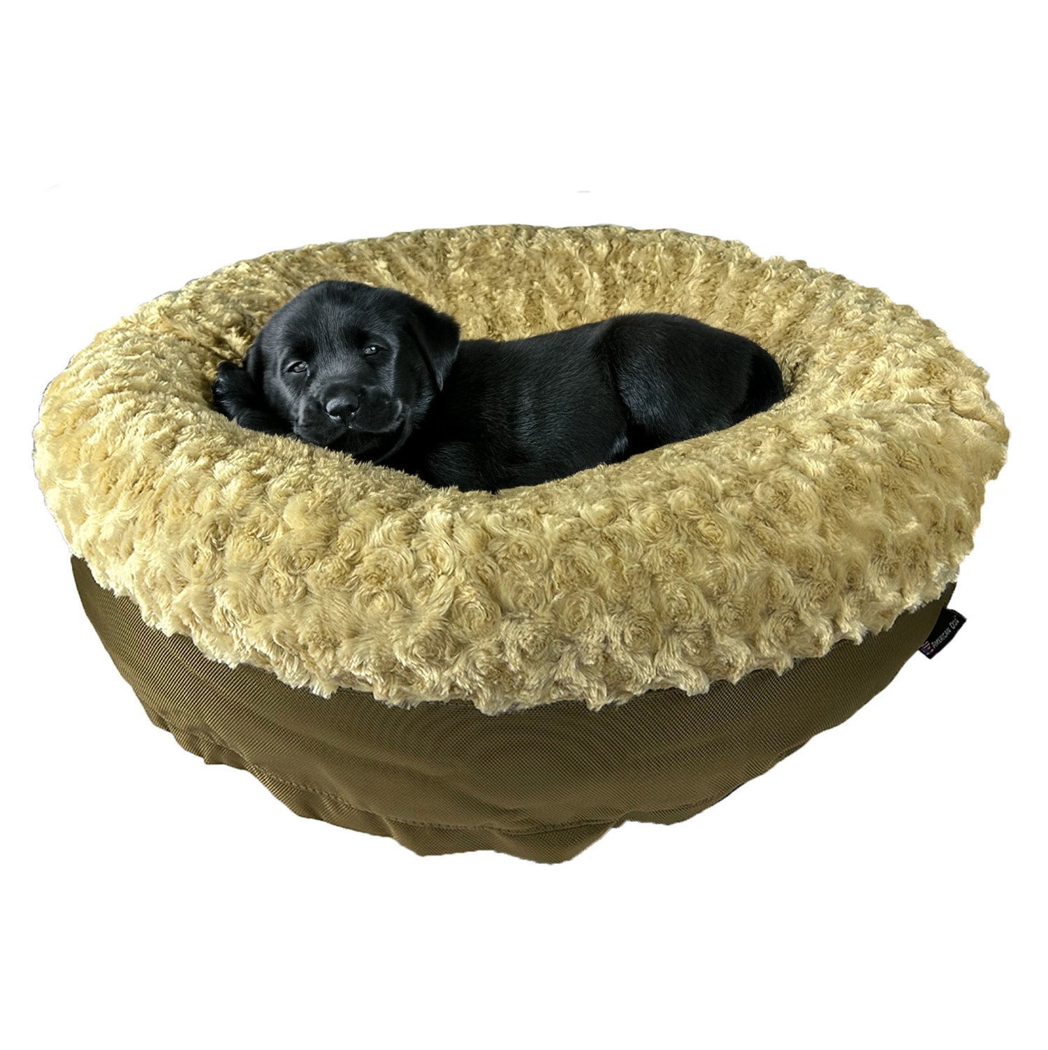 Camelroundbolsteredbedwithpuppy - Doggo Dream Shop