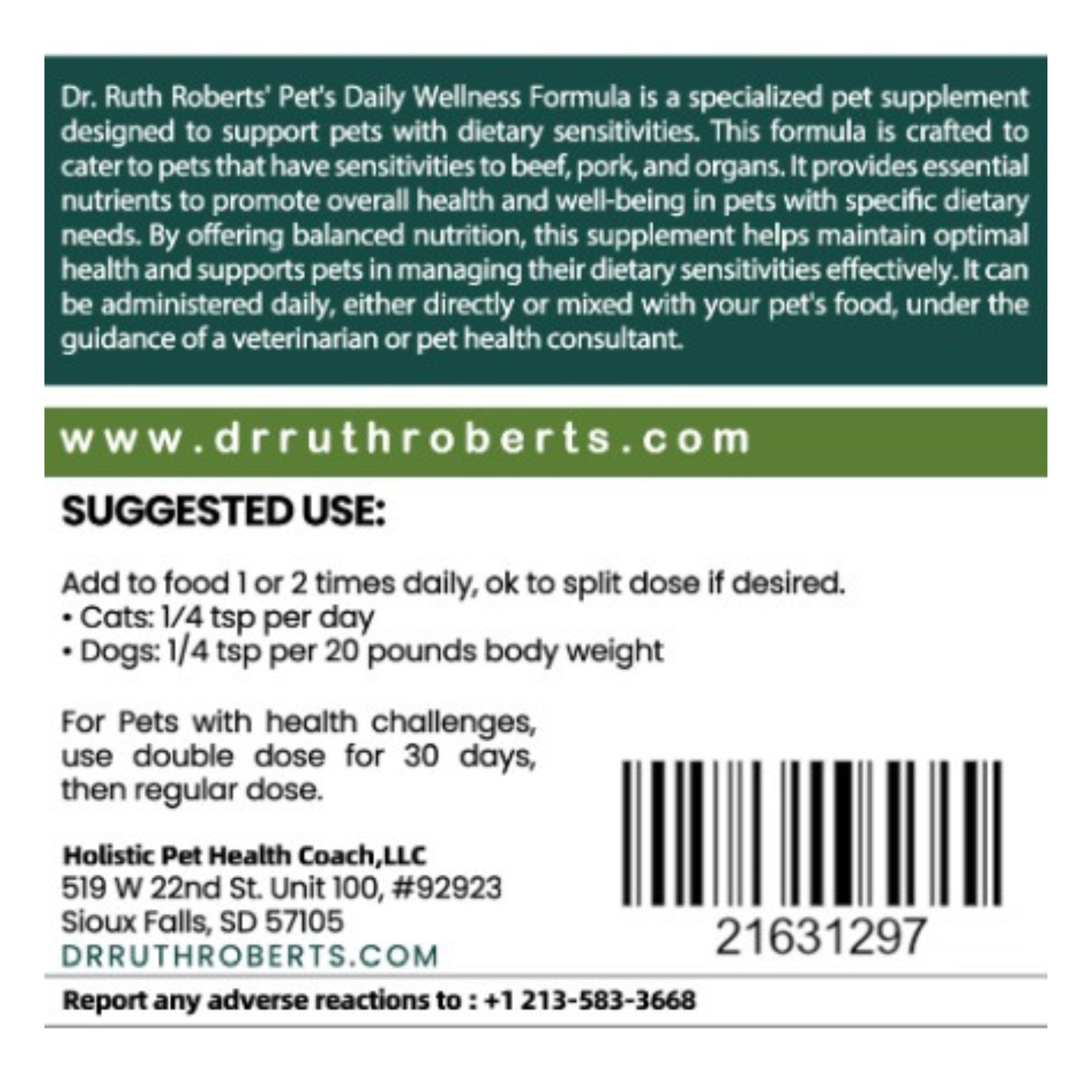 Pet's Daily Wellness Formula – Glandular-Free Daily Multivitamin for Dogs & Cats | Dr. Ruth Roberts