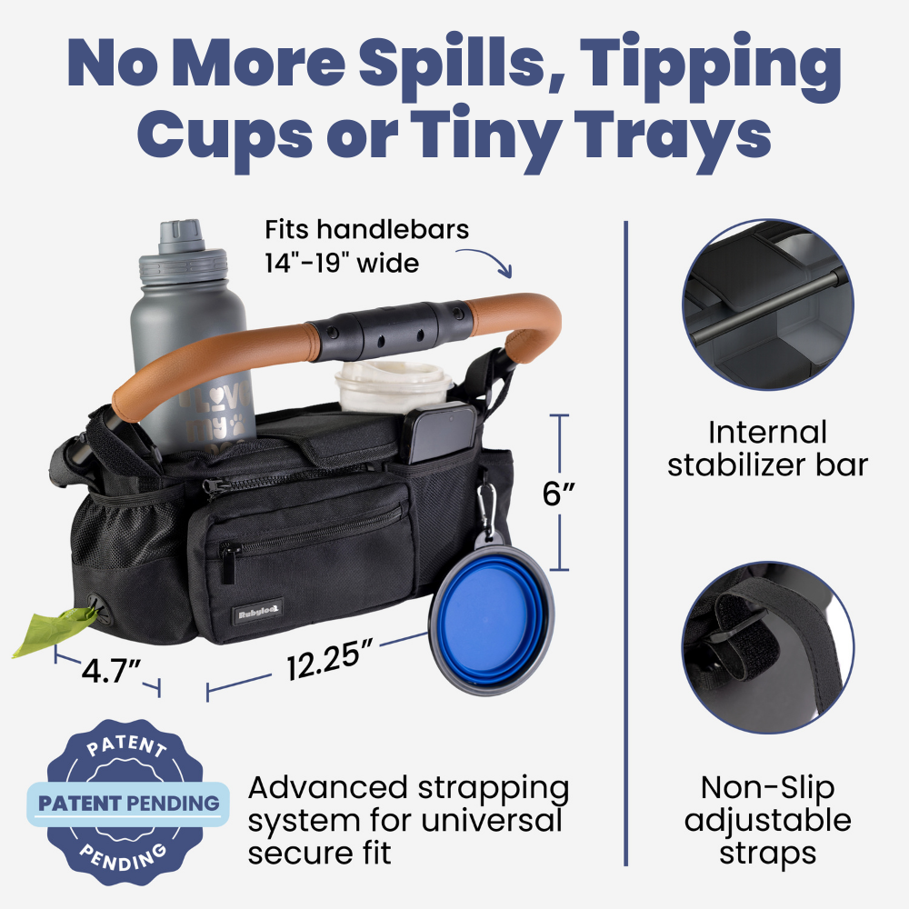 Dog Stroller Caddy Organizer – Insulated Cup Holders & Treat Pocket | Rubyloo