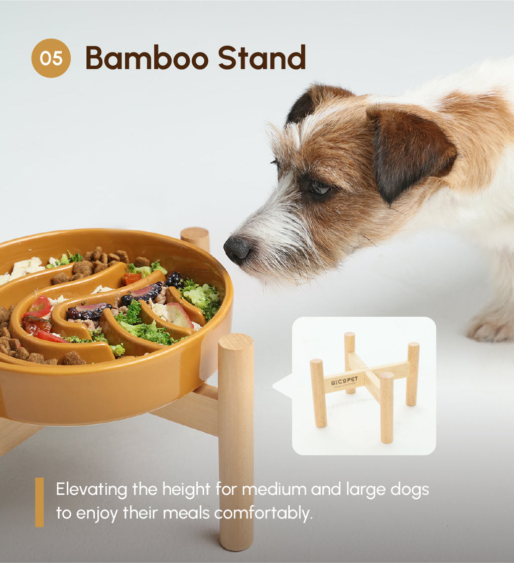 Wave Slow Feeder Dog Bowl – Ceramic, Non-Slip, Optional Wood Stand
