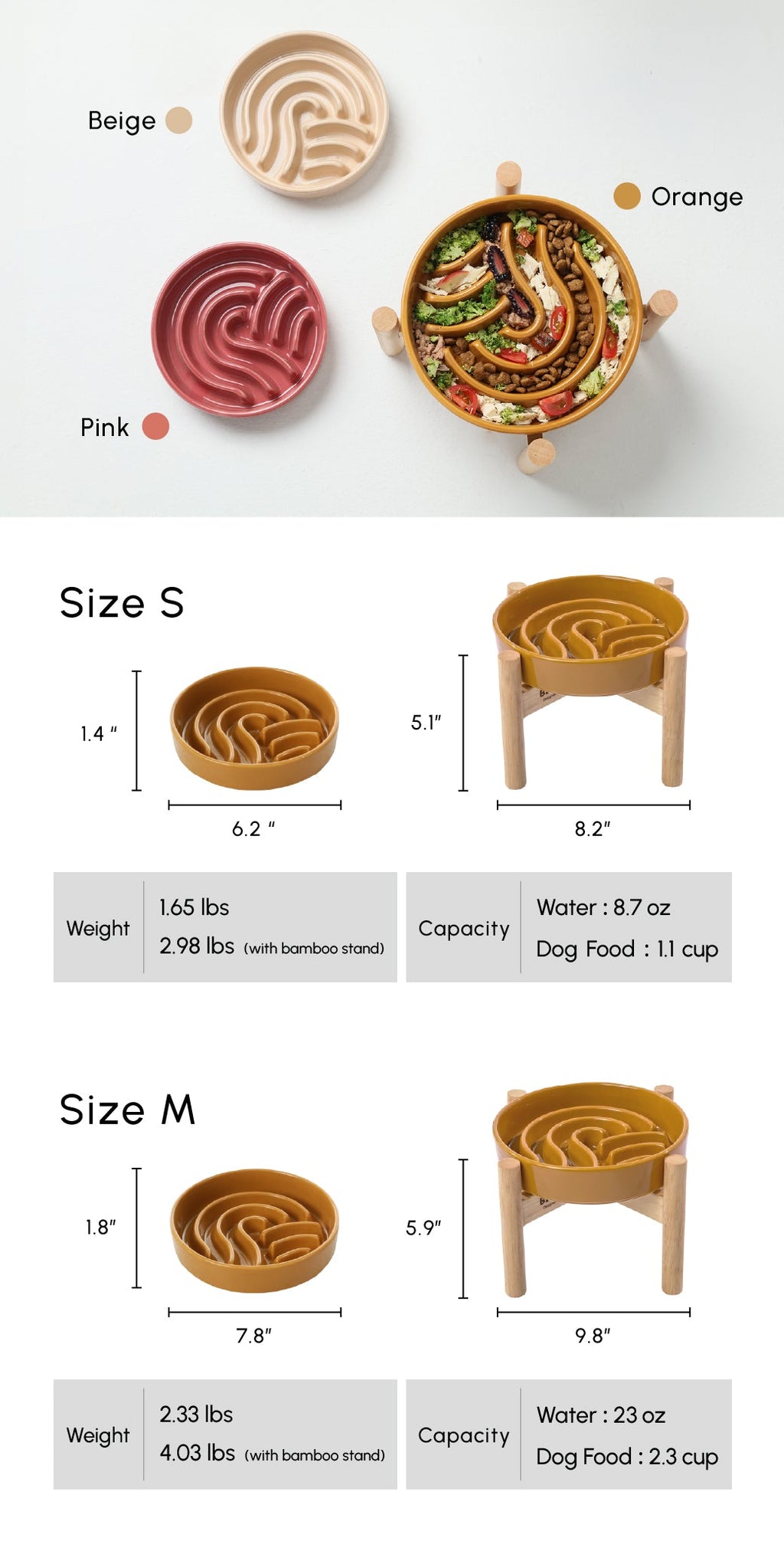 Wave Slow Feeder Dog Bowl – Ceramic, Non-Slip, Optional Wood Stand