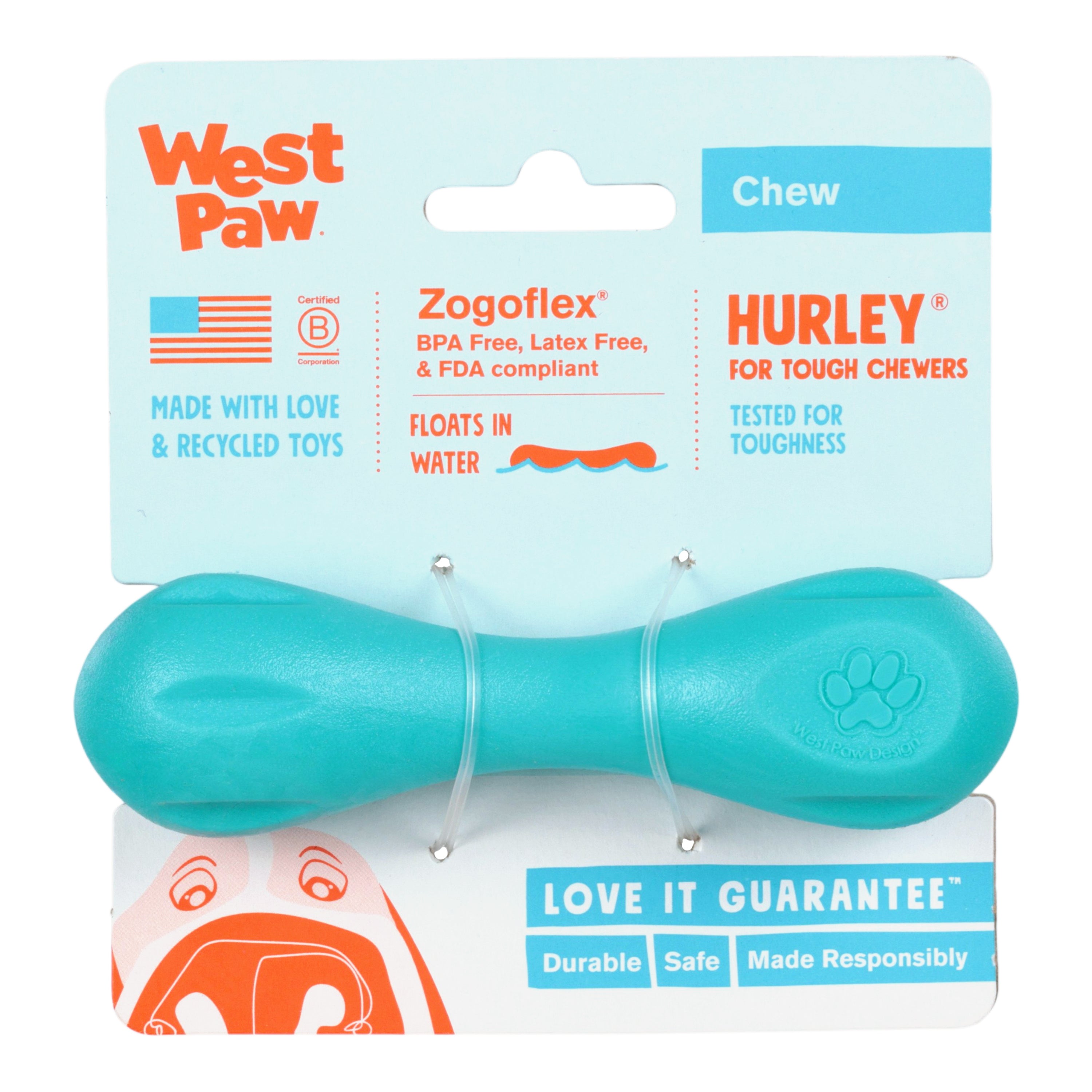 West Paw Hurley Puppy Dog Bone Chew Toy — Teal