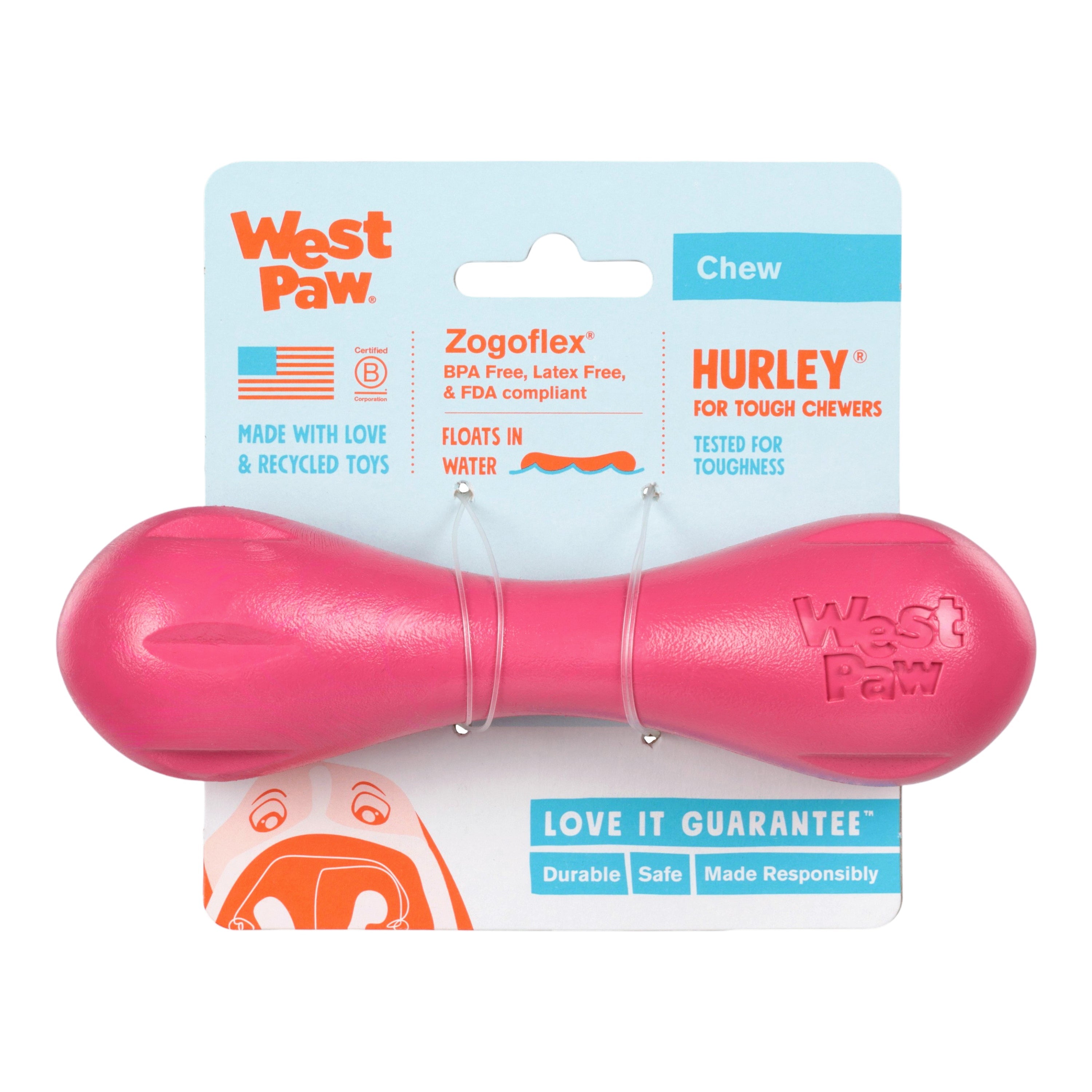 West Paw Hurley Puppy Dog Bone Chew Toy — Geranium