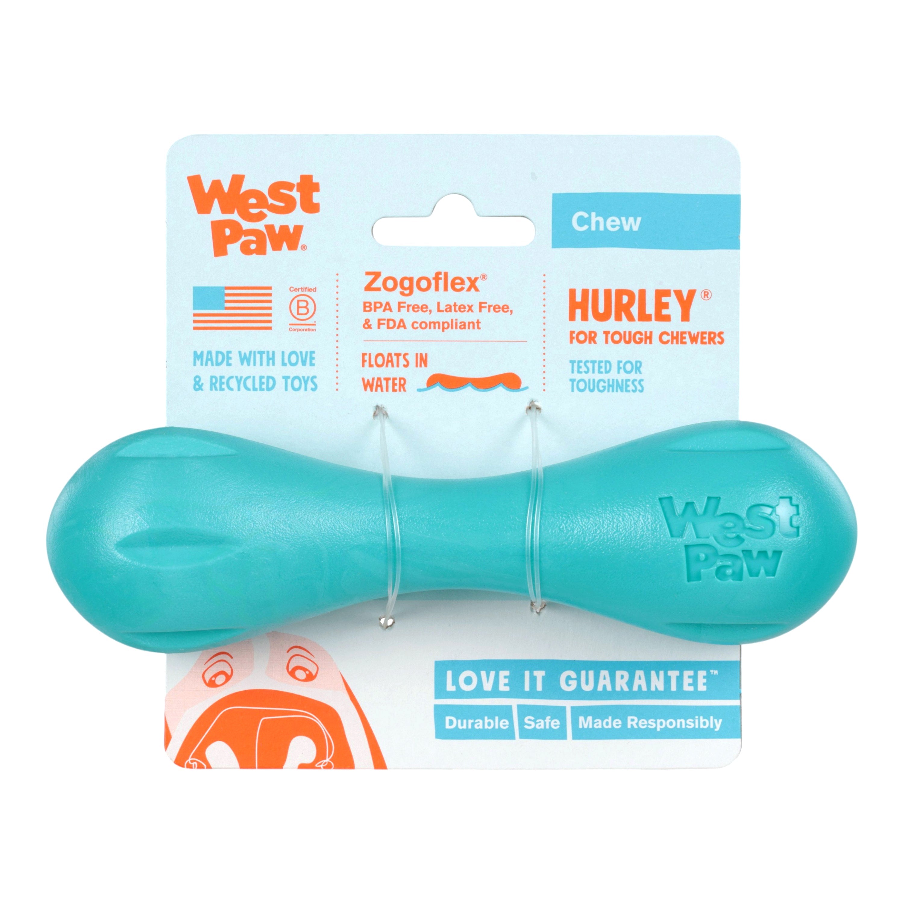 West Paw Hurley Puppy Dog Bone Chew Toy — Teal