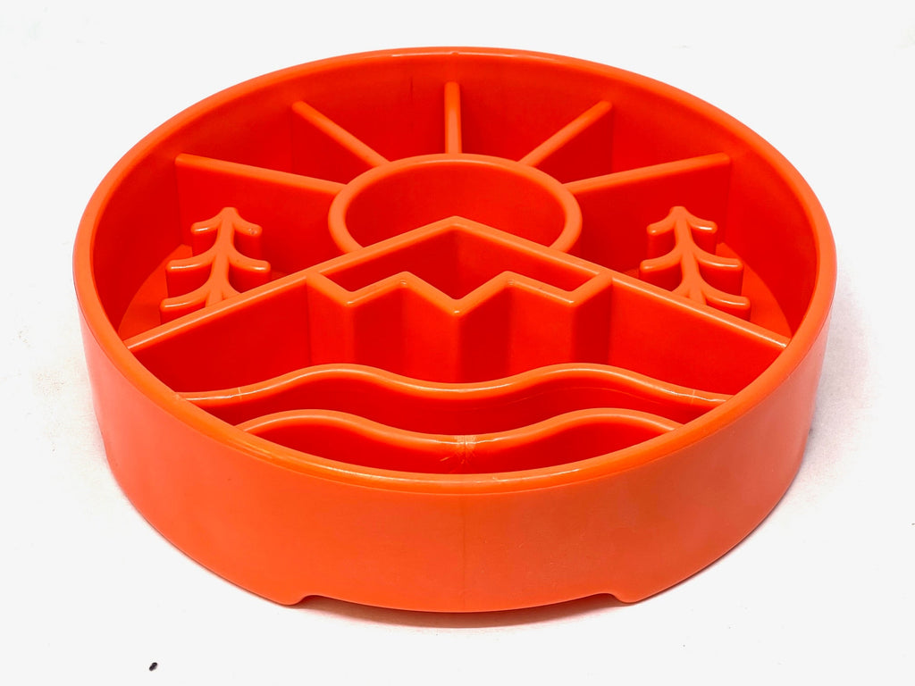 SodaPup Great Outdoors eBowl — orange bowl with mountain and sun ridge pattern detail