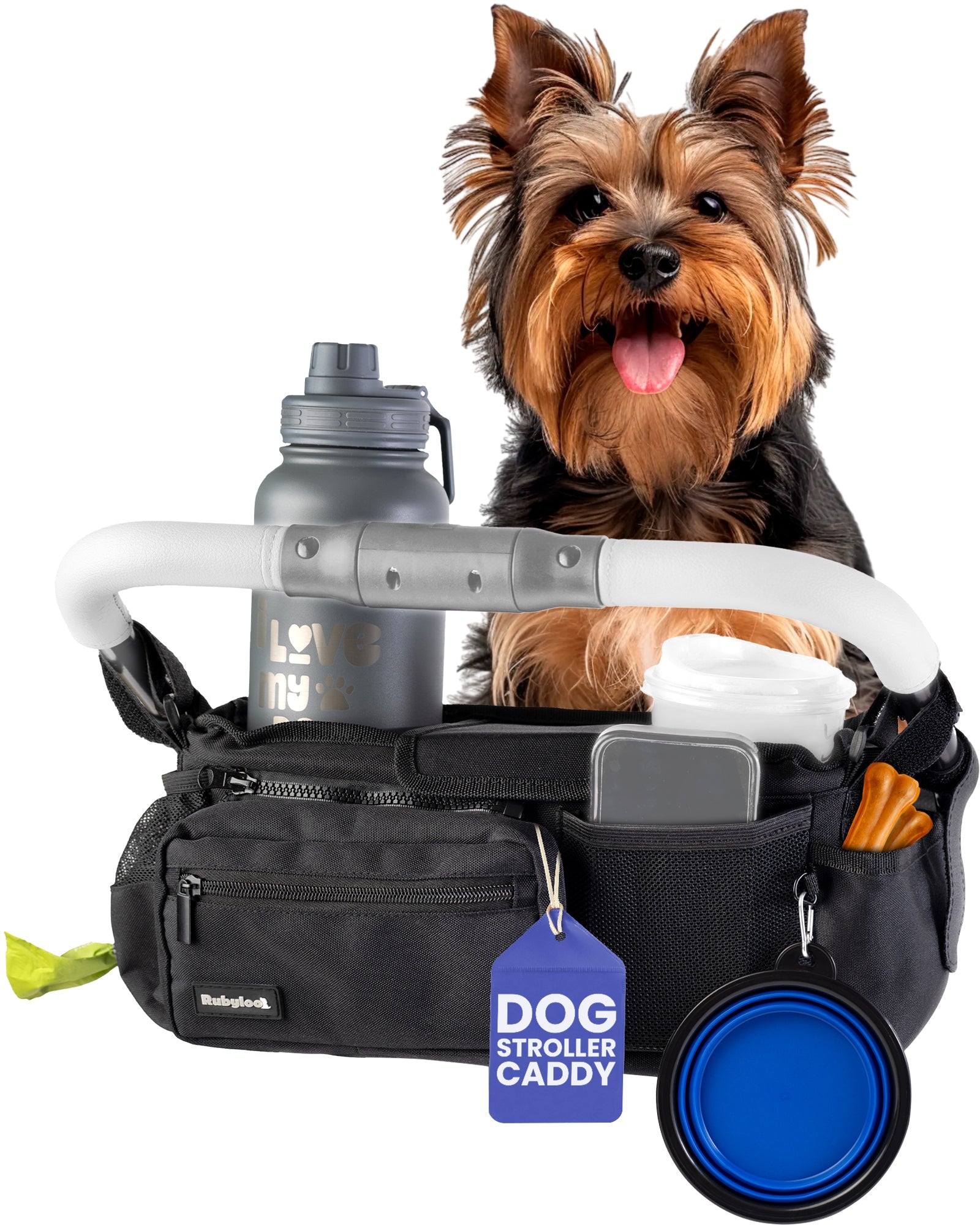 Dog Stroller Caddy Organizer – Insulated Cup Holders & Treat Pocket | Rubyloo