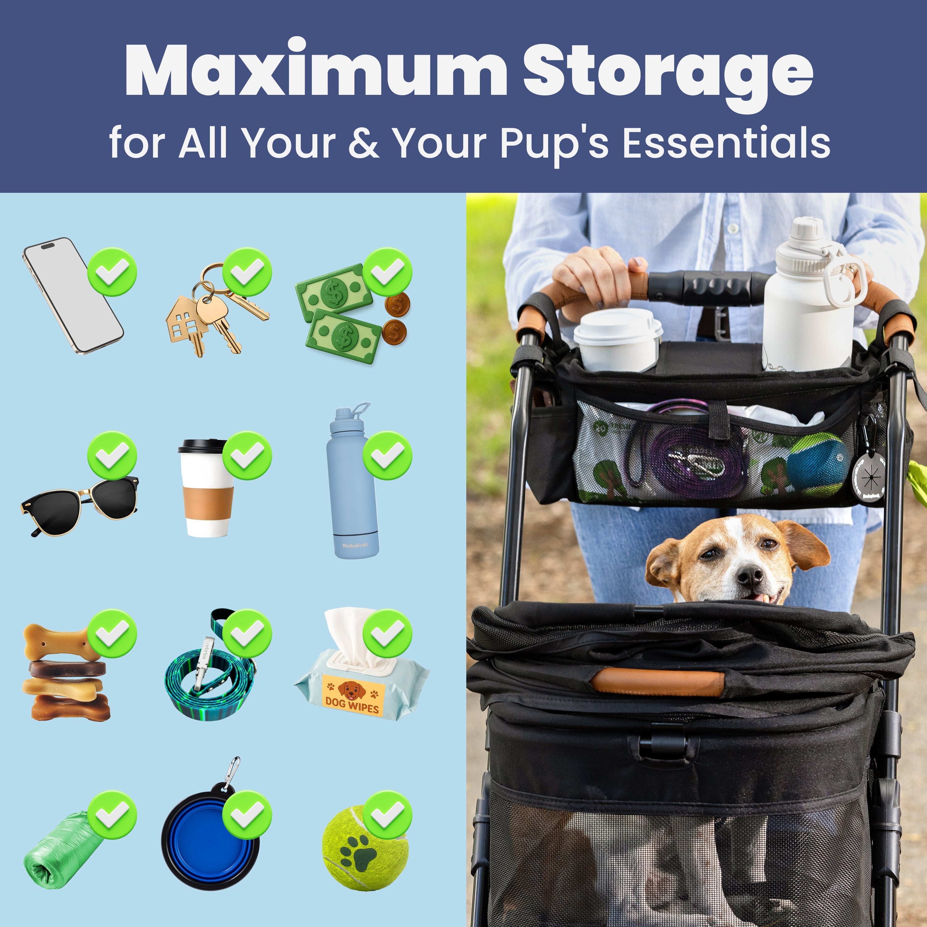Dog Stroller Caddy Organizer – Insulated Cup Holders & Treat Pocket | Rubyloo