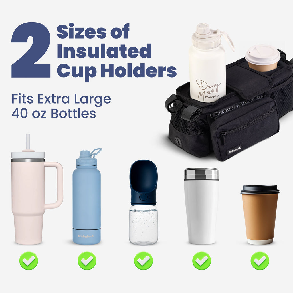 Dog Stroller Caddy Organizer – Insulated Cup Holders & Treat Pocket | Rubyloo