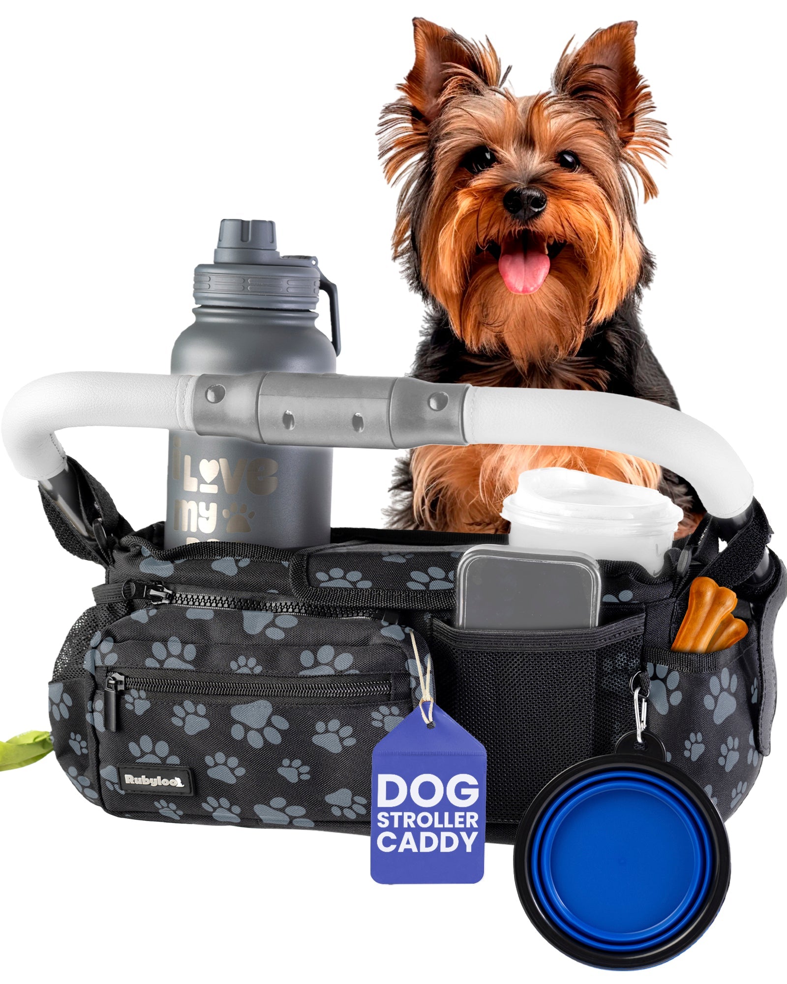 Dog Stroller Caddy Organizer – Insulated Cup Holders & Treat Pocket | Rubyloo