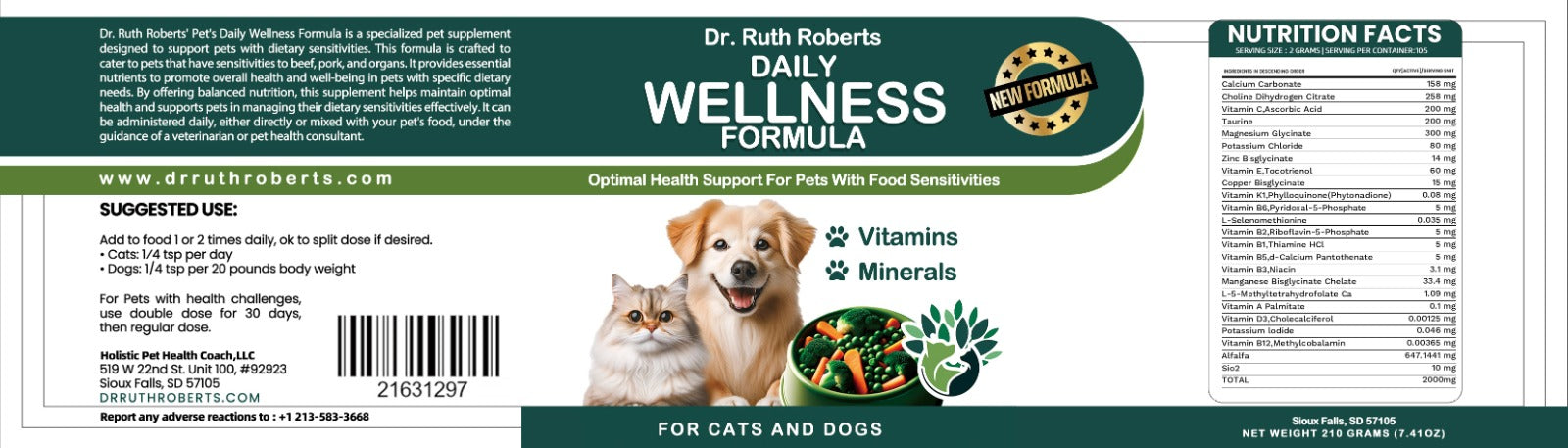 Pet's Daily Wellness Formula – Glandular-Free Daily Multivitamin for Dogs & Cats | Dr. Ruth Roberts