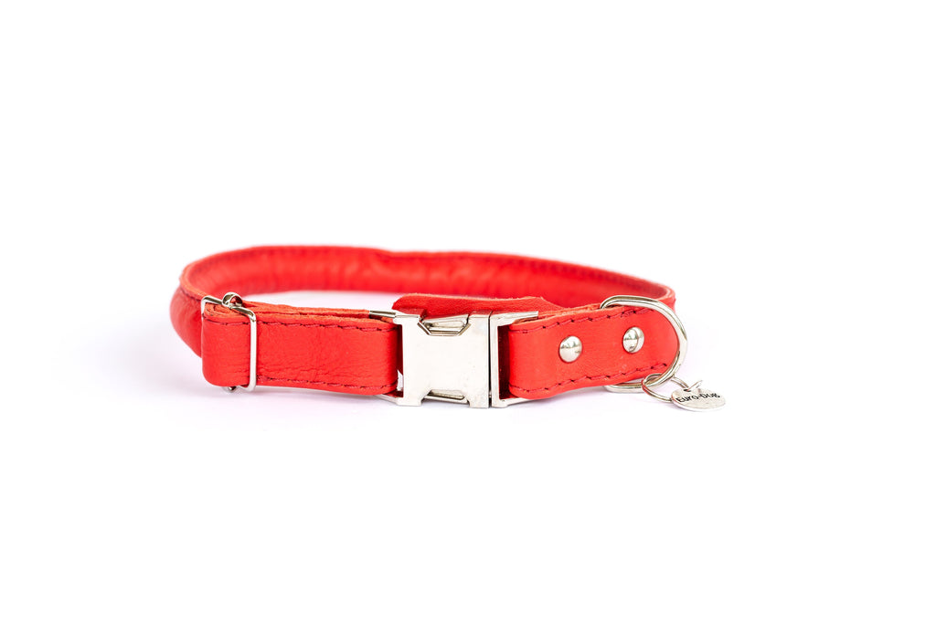 Rolled Style Red Leather Quick-Release Dog Collar | Euro-Dog