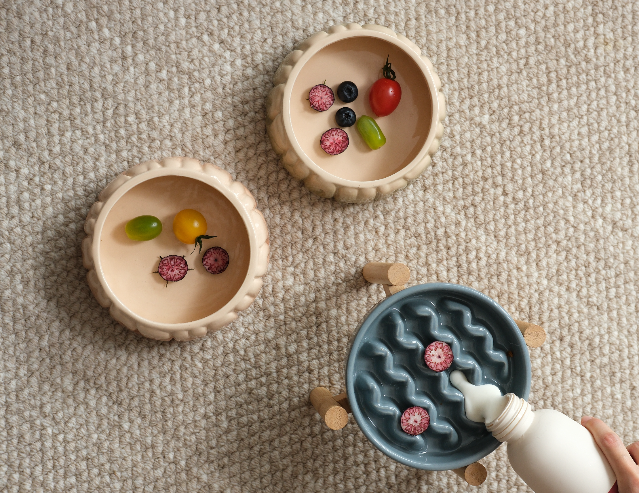 Macaroni Slow Feeder Dog Bowl – Ceramic, Non-Slip, Optional Wood Stand