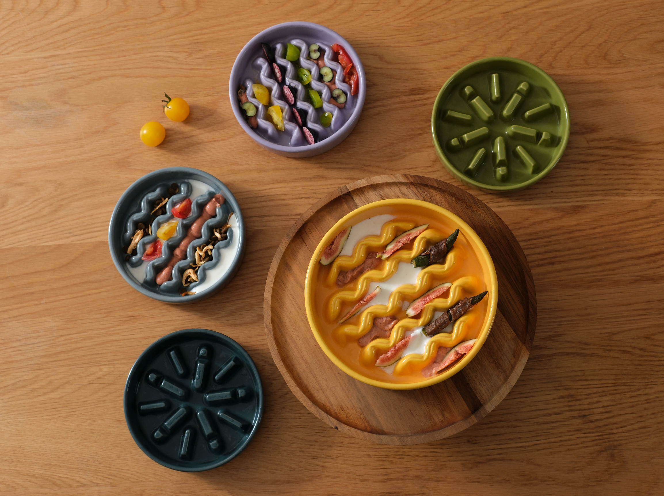 Macaroni Slow Feeder Dog Bowl – Ceramic, Non-Slip, Optional Wood Stand