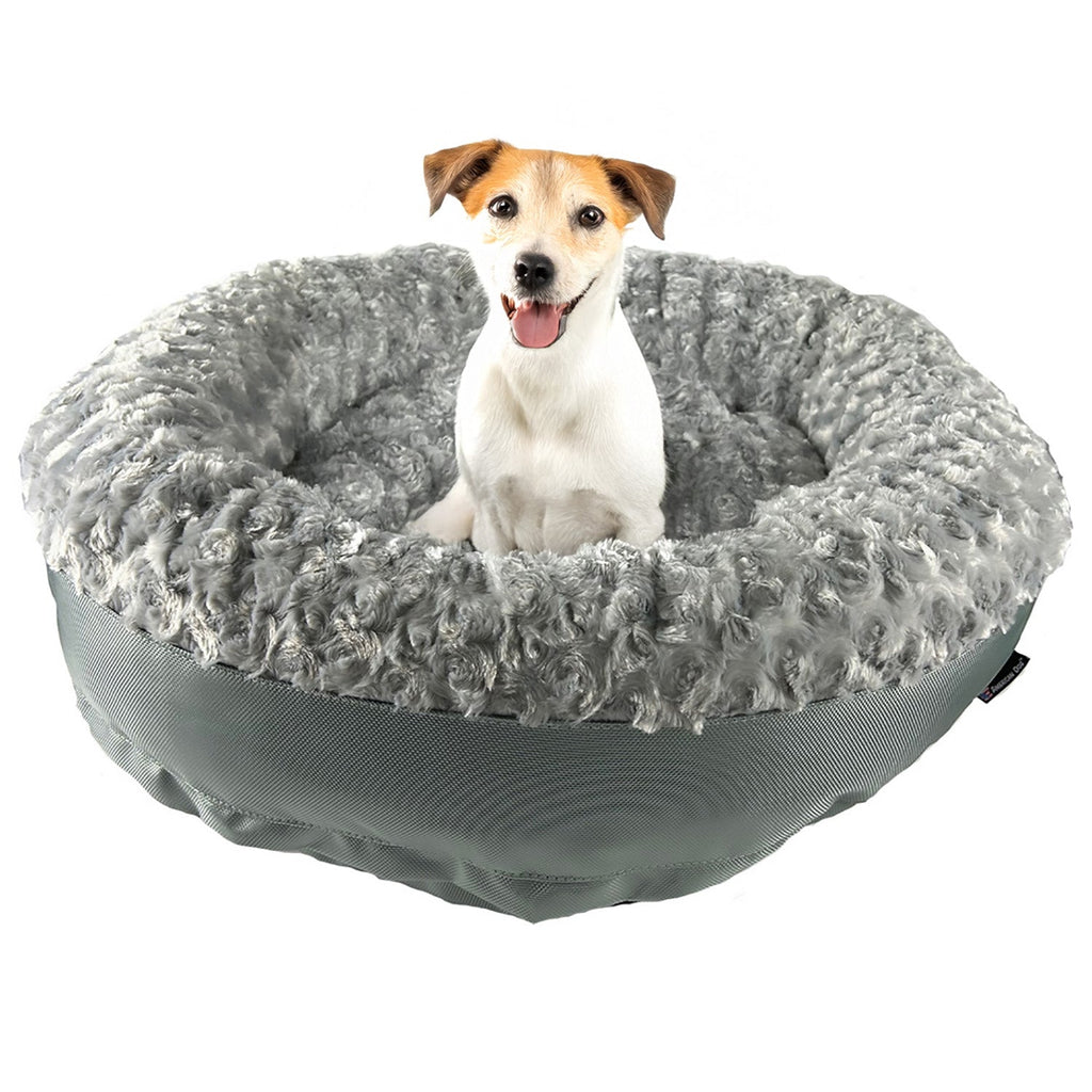 Silverrooundbolsterfurvanawithdog - Doggo Dream Shop
