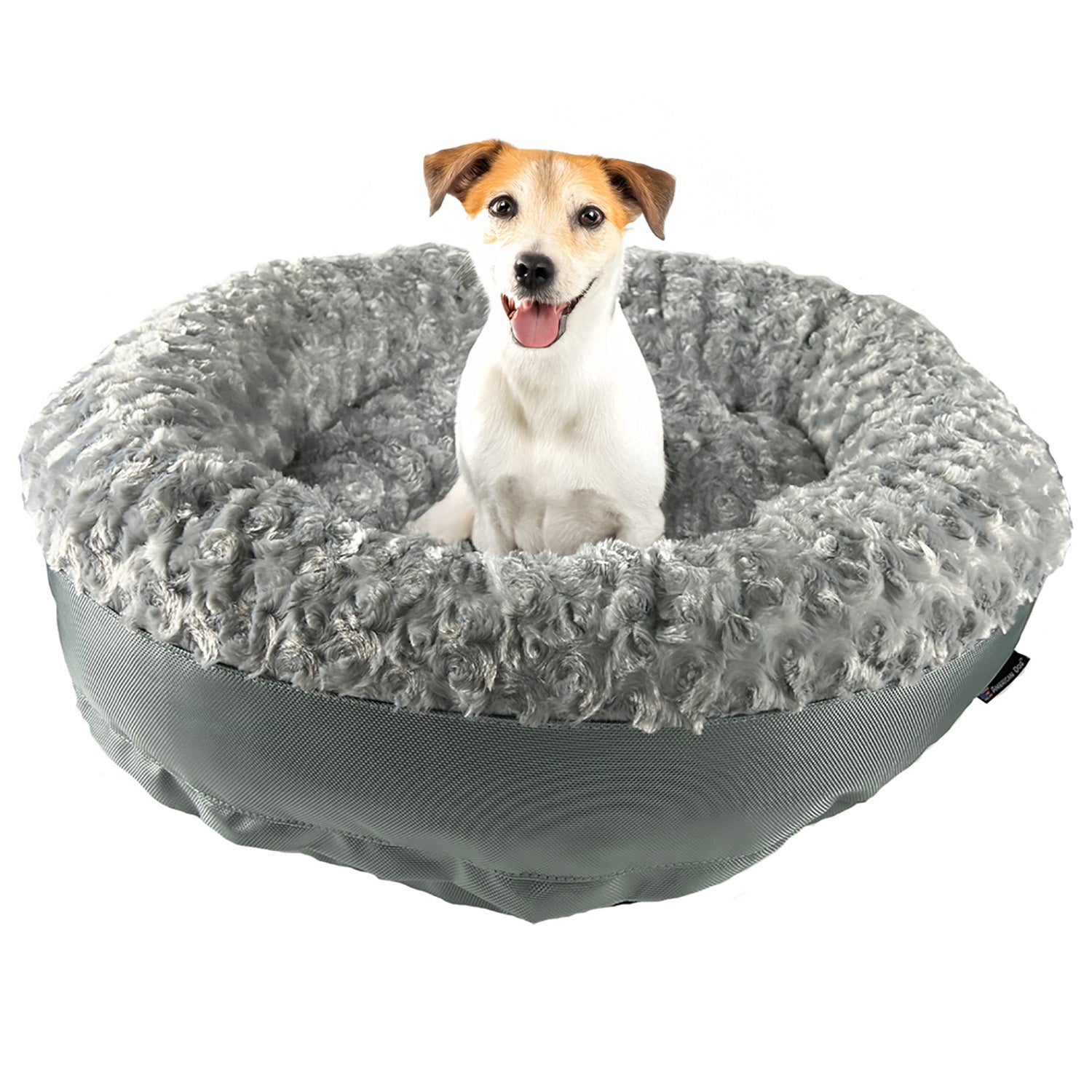 Silverrooundbolsterfurvanawithdog - Doggo Dream Shop