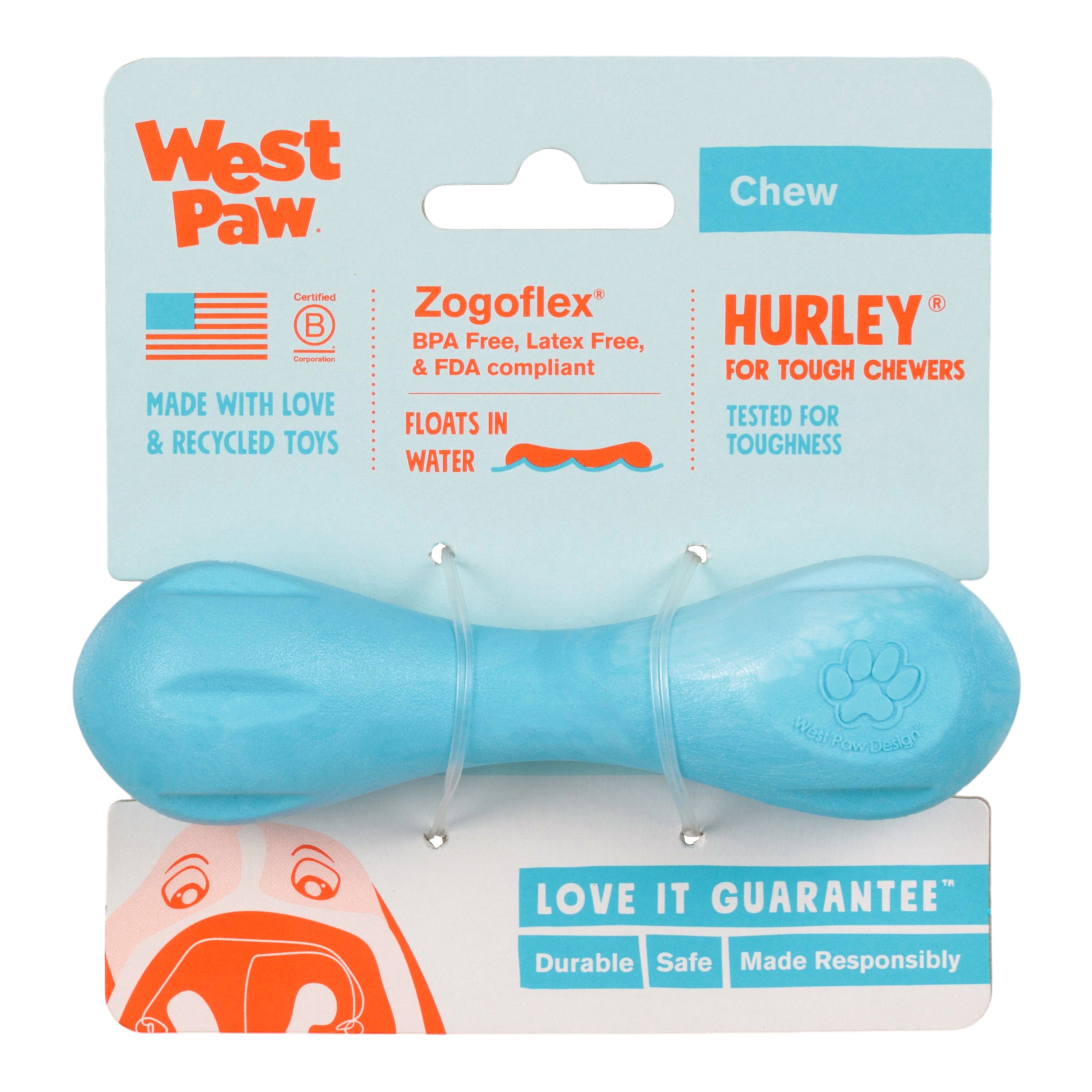 West Paw Hurley Dog Bone Chew Toy – Aqua Swirl