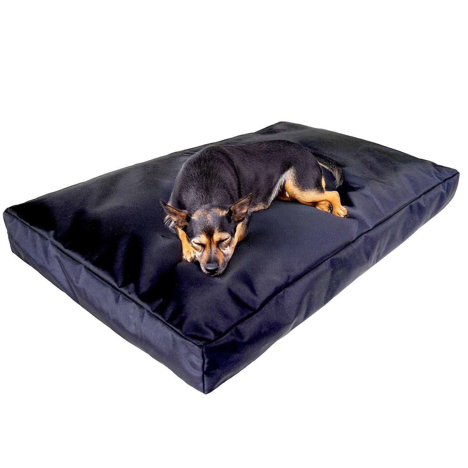 blackarmorrectangledogbedwithadog - Doggo Dream Shop