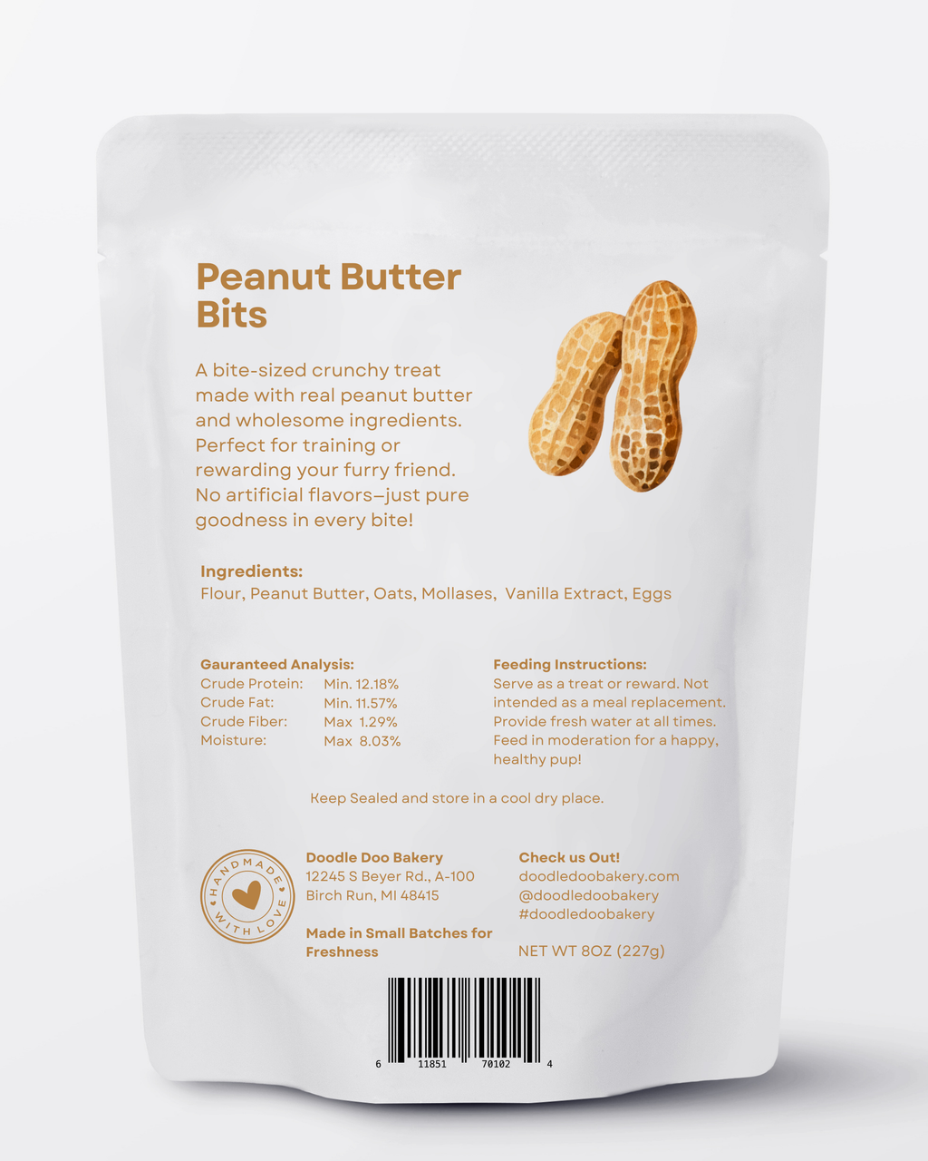 Peanut Butter Bits Dog Biscuits 1/2lb | Homemade Dog Treats | Doodle Doo Bakery