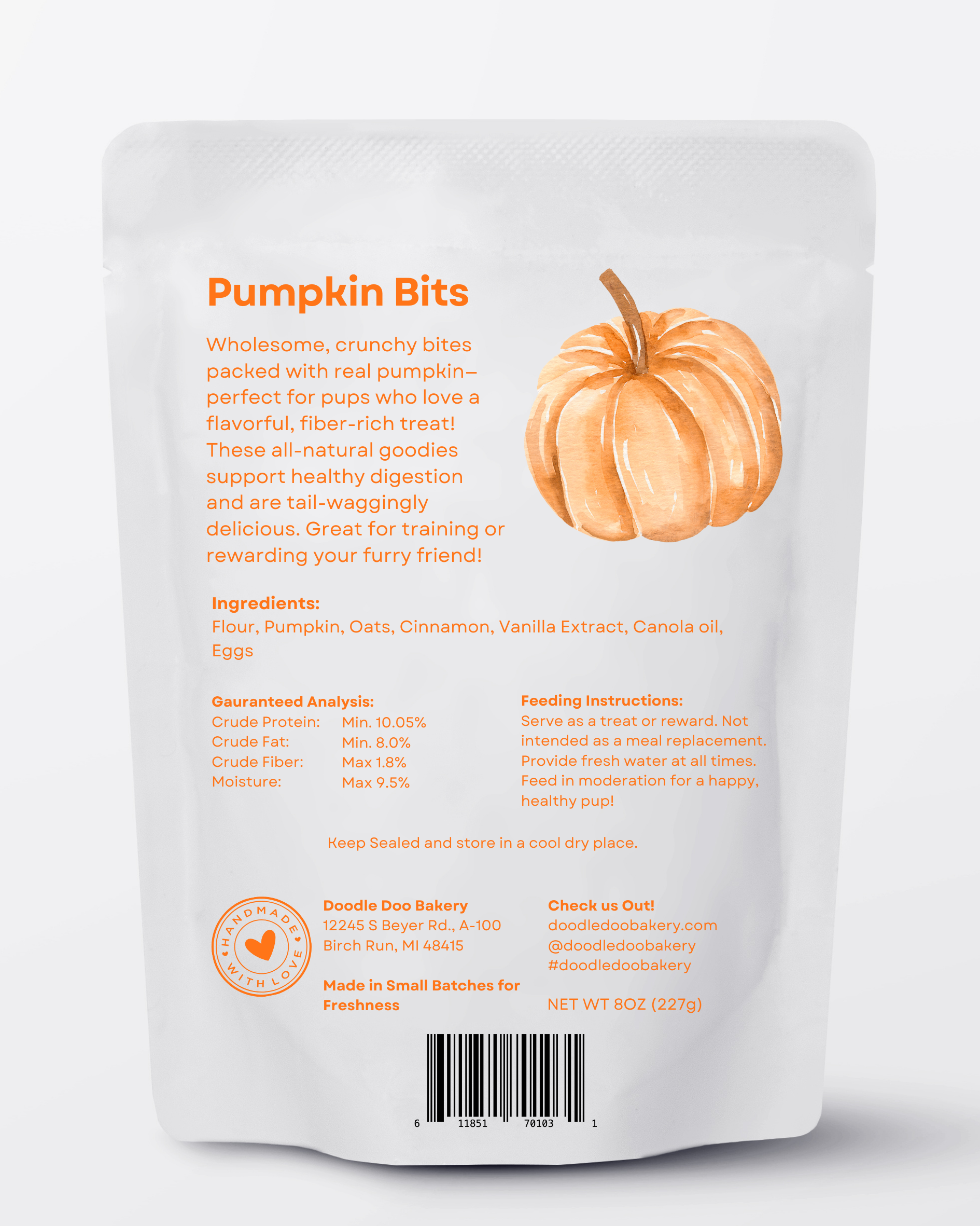 Pumpkin Bits Dog Biscuits 1/2lb | Homemade Dog Treats | Doodle Doo Bakery