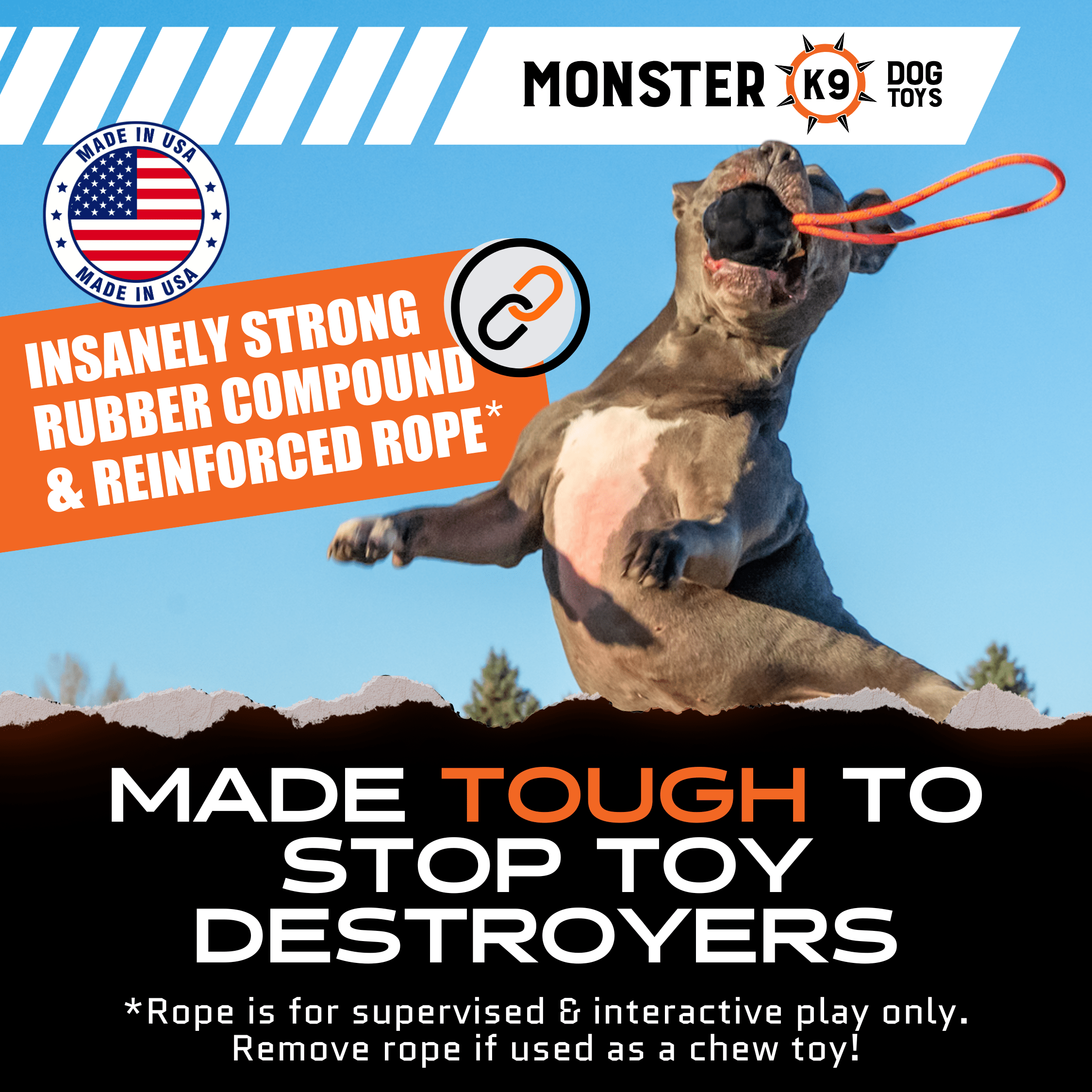 Rumble Rope Ball Rubber Tug & Fetch Dog Toy | Monster K9